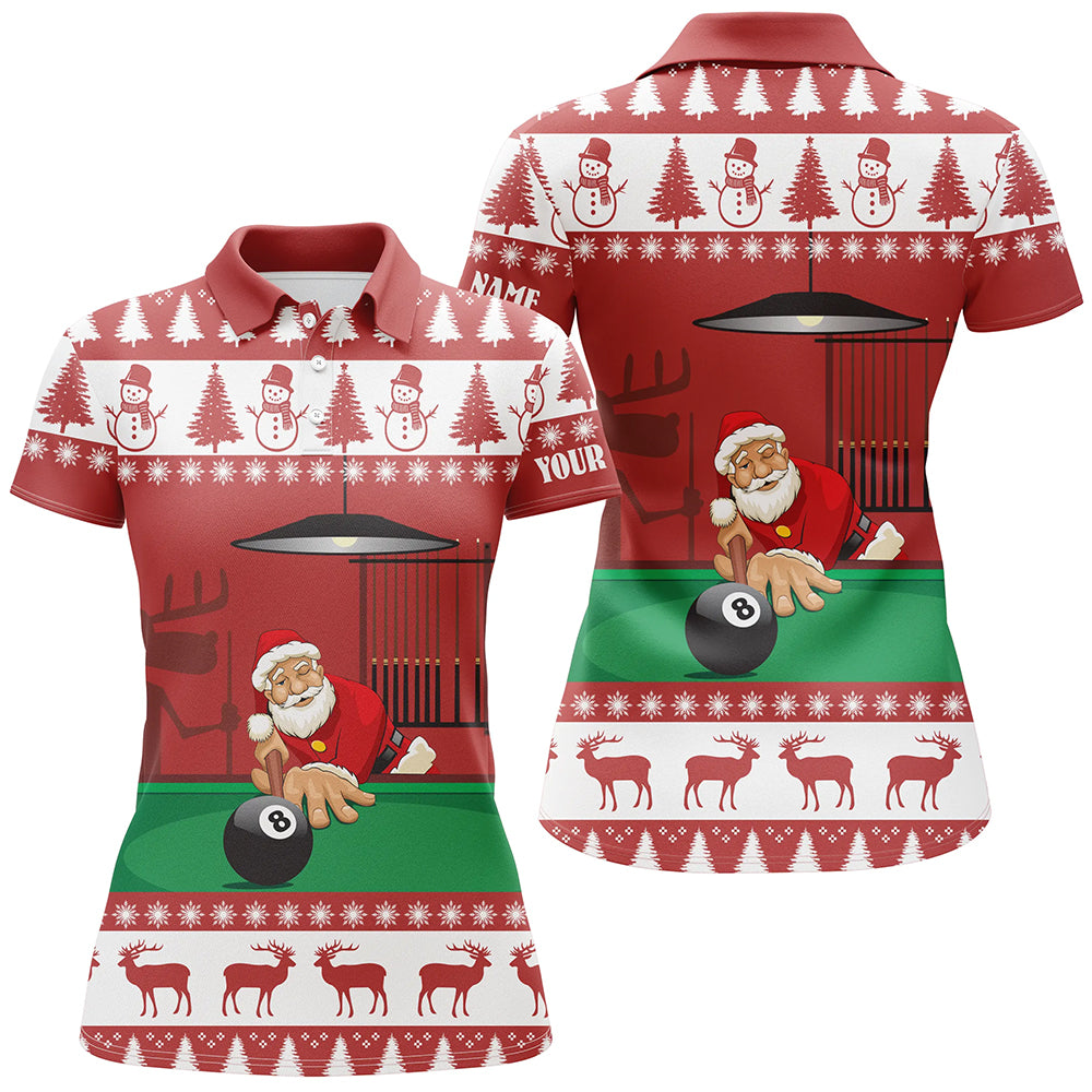 Personalized 3D Billiard Santa Claus Playing Pool Polo Shirts For Women, Christmas Billiars Shirts VHM0685