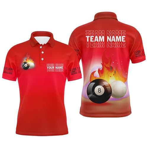 Personalized 8 Ball And Cue Ball Pool Red 3D Polo Shirts For Men, Custom Name Billiard Jerseys VHM0698