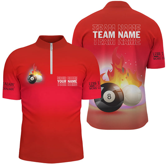 Personalized 8 Ball And Cue Ball Pool Red 3D Quarter-Zip Shirts For Men, Custom Billiard Jerseys VHM0698