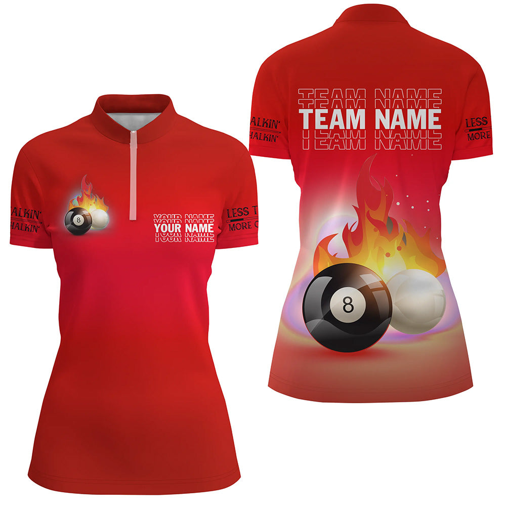 Personalized 8 Ball And Cue Ball Pool Red 3D Quarter-Zip Shirts For Women, Custom Billiard Jerseys VHM0698