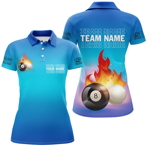 Personalized 8 Ball And Cue Ball Pool Blue 3D Polo Shirts For Women, Custom Name Billiard Jerseys VHM0699