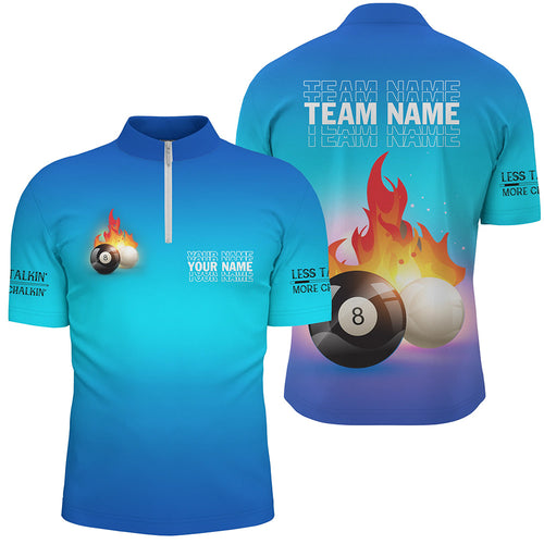 Personalized 8 Ball And Cue Ball Pool Blue 3D Quarter-Zip Shirts For Men, Custom Billiard Jerseys VHM0699