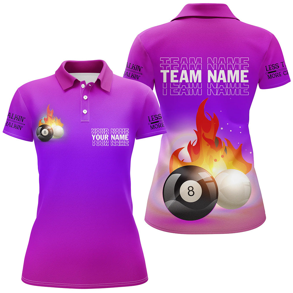 Personalized 8 Ball And Cue Ball Pool Purple 3D Polo Shirts For Women, Custom Name Billiard Jerseys VHM0700