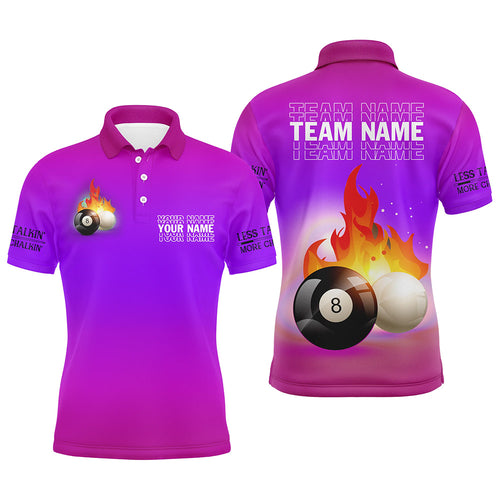 Personalized 8 Ball And Cue Ball Pool Purple 3D Polo Shirts For Men, Custom Name Billiard Jerseys VHM0700