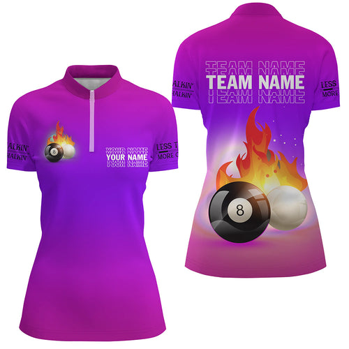 Personalized 8 Ball And Cue Ball Pool Purple 3D Quarter-Zip Shirts For Women, Custom Billiard Jerseys VHM0700