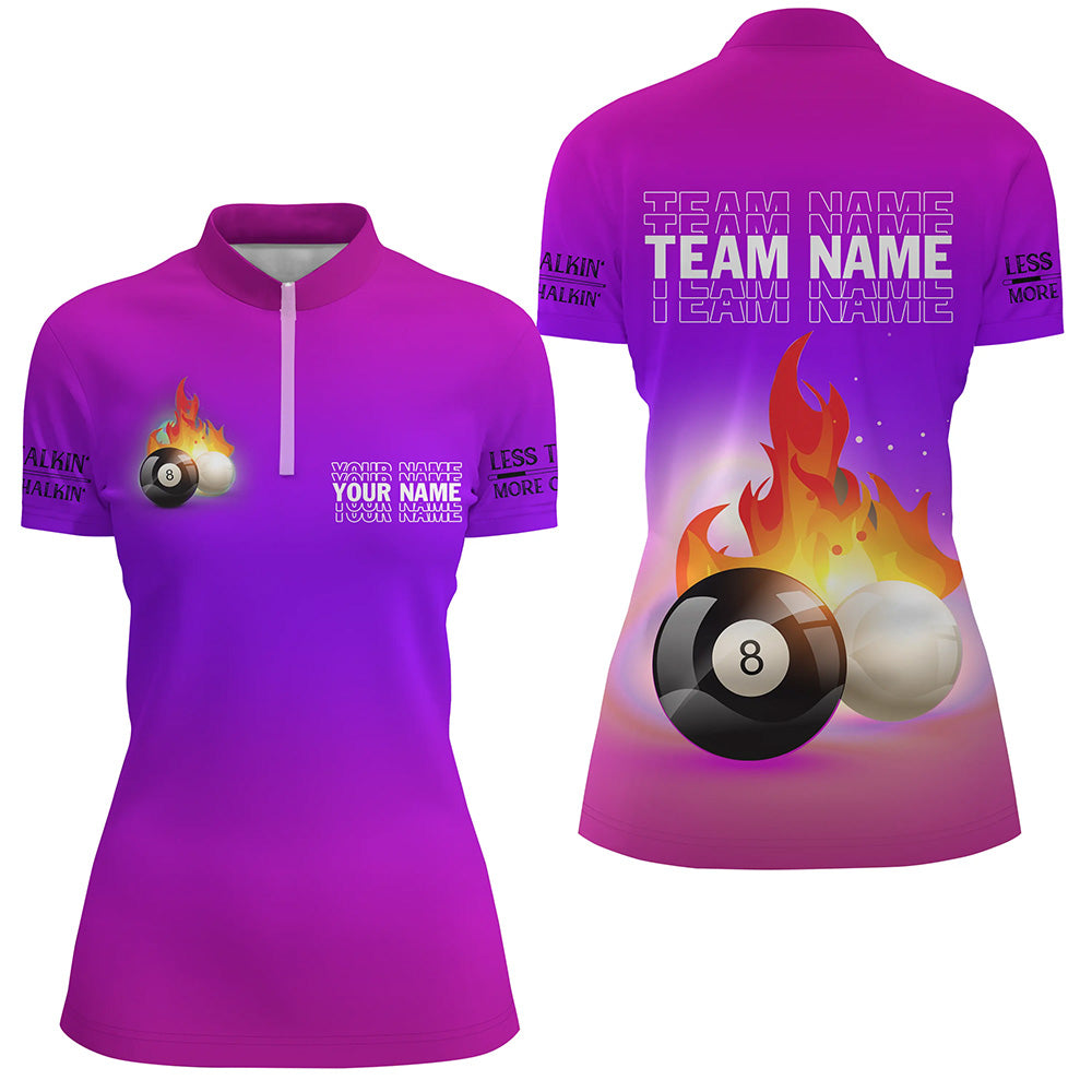 Personalized 8 Ball And Cue Ball Pool Purple 3D Quarter-Zip Shirts For Women, Custom Billiard Jerseys VHM0700