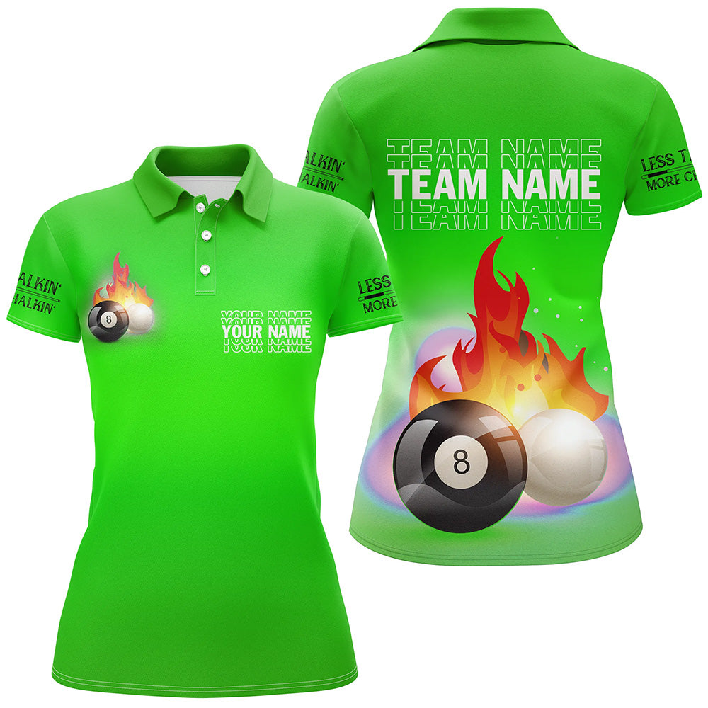 Personalized 8 Ball And Cue Ball Pool Green 3D Polo Shirts For Women, Custom Name Billiard Jerseys VHM0701