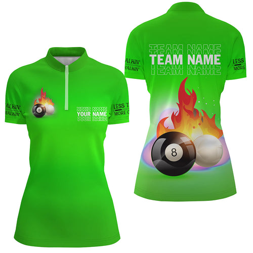 Personalized 8 Ball And Cue Ball Pool Green 3D Quarter-Zip Shirts For Women, Custom Billiard Jerseys VHM0701