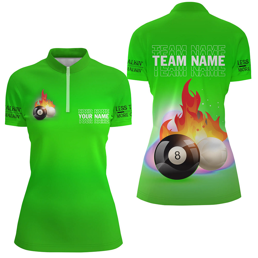 Personalized 8 Ball And Cue Ball Pool Green 3D Quarter-Zip Shirts For Women, Custom Billiard Jerseys VHM0701