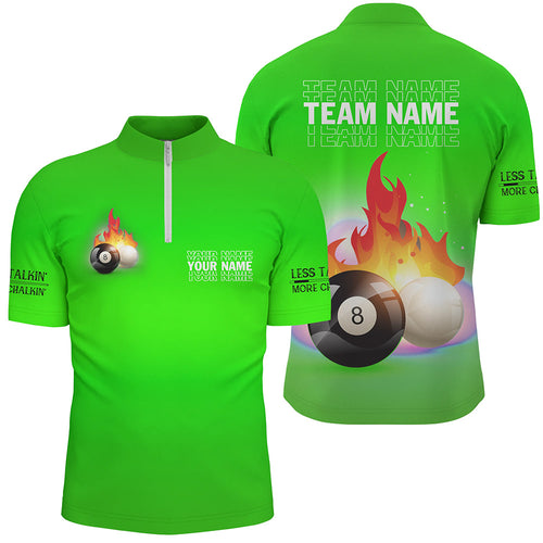 Personalized 8 Ball And Cue Ball Pool Green 3D Quarter-Zip Shirts For Men, Custom Billiard Jerseys VHM0701