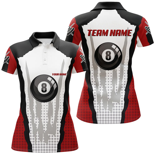 Personalized 8 Ball Pool Red Billiard Polo Shirts For Women, Custom Billiard Team Shirt VHM0490