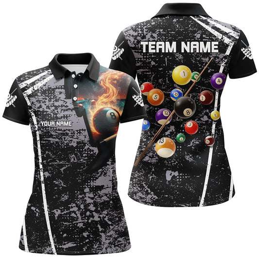 Personalized Grey Grunge Fire 8 Ball Billiard Polo Shirts For Women, 3D Pool Balls Billiard Jerseys VHM0952