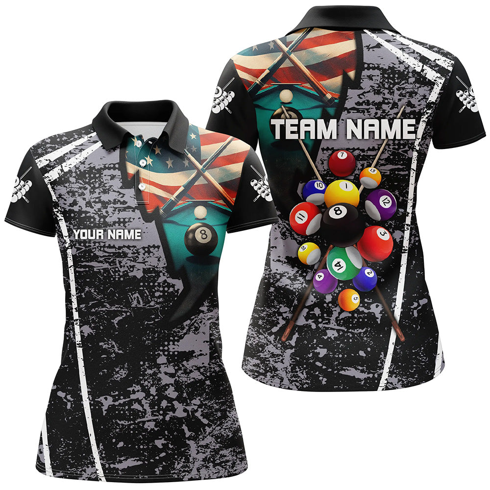 Personalized Grey Grunge US Flag 8 Ball Billiard Polo Shirts For Women, Custom Billiard Balls Jerseys VHM0953