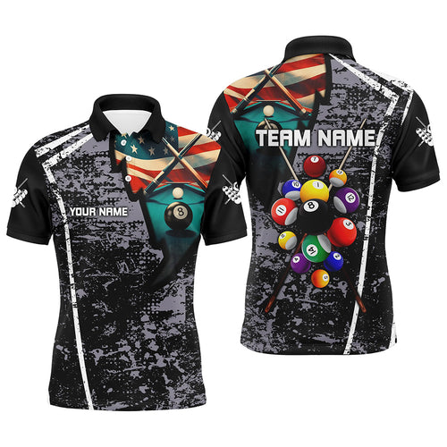 Personalized Grey Grunge US Flag 8 Ball Billiard Polo Shirts For Men, Custom Billiard Balls Jerseys VHM0953
