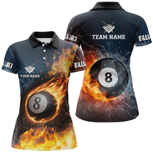 Personalized Billiard 8 Ball Fire And Water 3D Polo Shirts For Women, Custom Billiard Balls Jerseys VHM0253