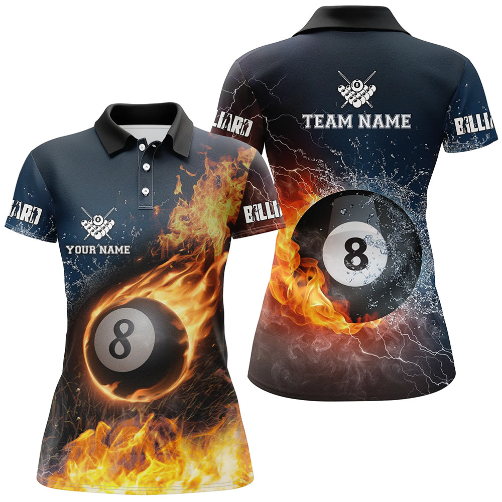 Personalized Billiard 8 Ball Fire And Water 3D Polo Shirts For Women, Custom Billiard Balls Jerseys VHM0253
