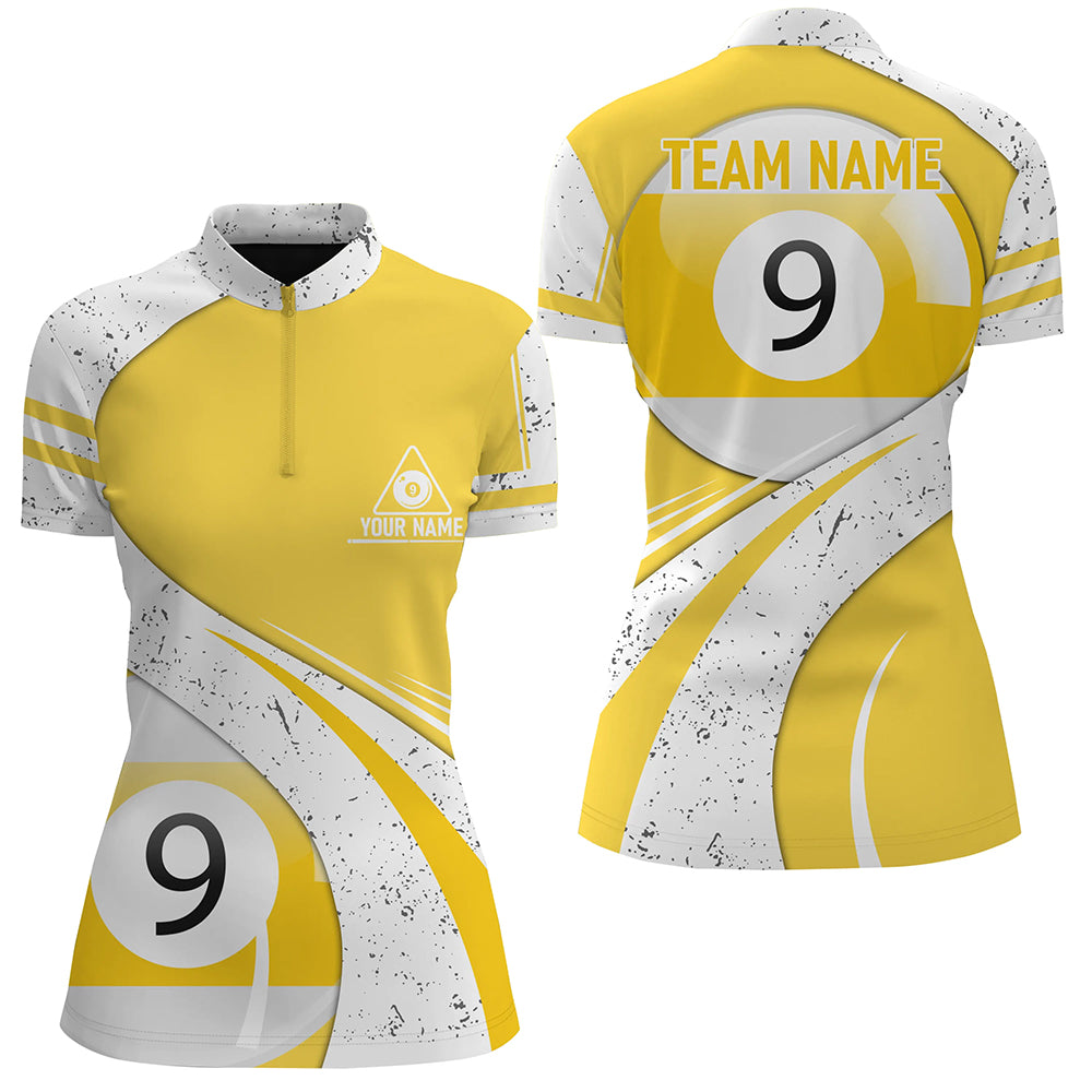 Personalized 9 Ball Pool Yellow White Billiard Quarter-Zip Shirts For Women, 9 Ball Billiard Jerseys VHM0509