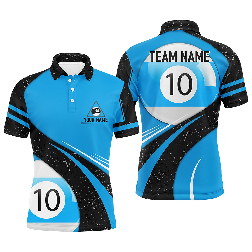 Personalized Blue Black Grunge 10 Ball Billiard 3D Polo Shirts For Men, 10 Ball Pool Team Jerseys VHM0969