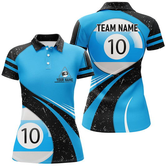 Personalized Blue Black Grunge 10 Ball Billiard 3D Polo Shirts For Women, 10 Ball Pool Team Jerseys VHM0969