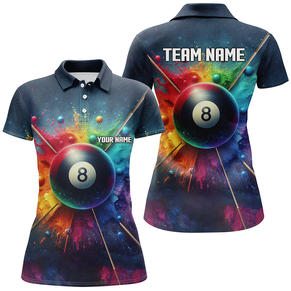 Personalized Colorful Painted 8 Ball Billiard 3D Polo Shirts For Women, Custom 8 Ball Pool Jerseys VHM0992