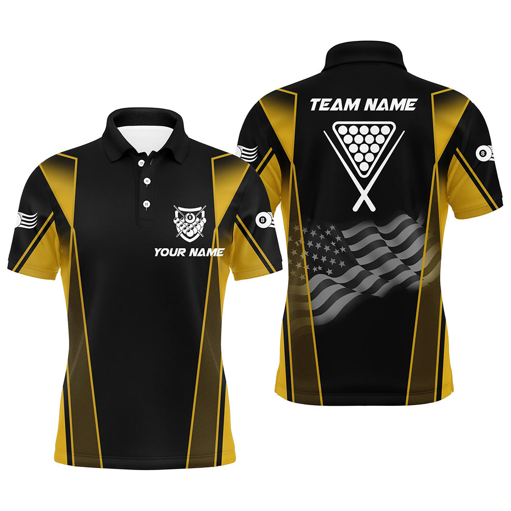 Personalized US Flag 8 Ball Pool 3D Polo Shirts For Men, Style Black Yellow Billiard Balls Jerseys VHM1051