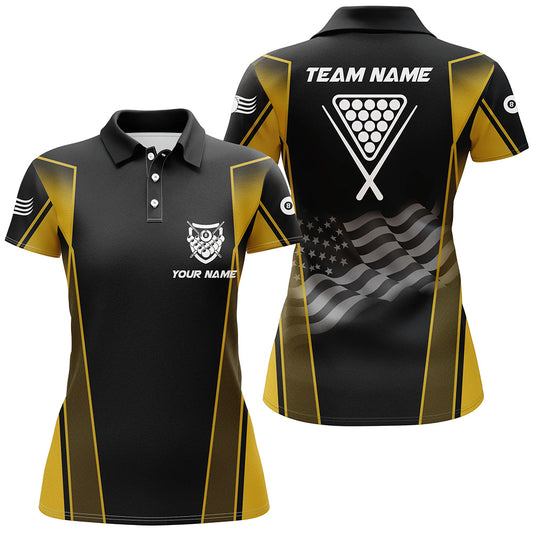 Personalized US Flag 8 Ball Pool 3D Polo Shirts For Women, Style Black Yellow Billiard Balls Jerseys VHM1051