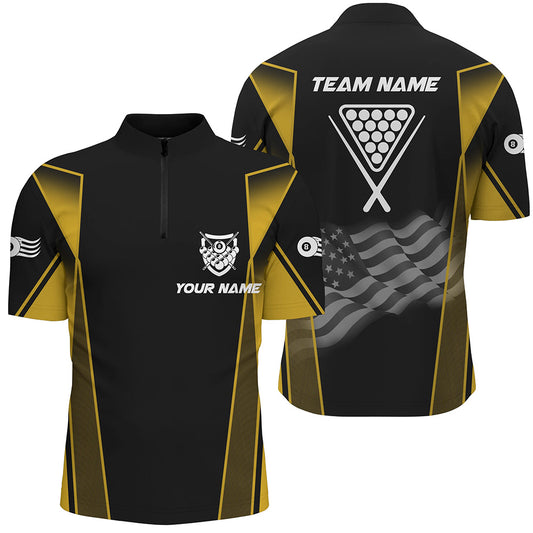 Personalized US Flag 8 Ball Pool 3D Quarter-Zip Shirts For Men, Black Yellow Billiard Balls Jerseys VHM1051