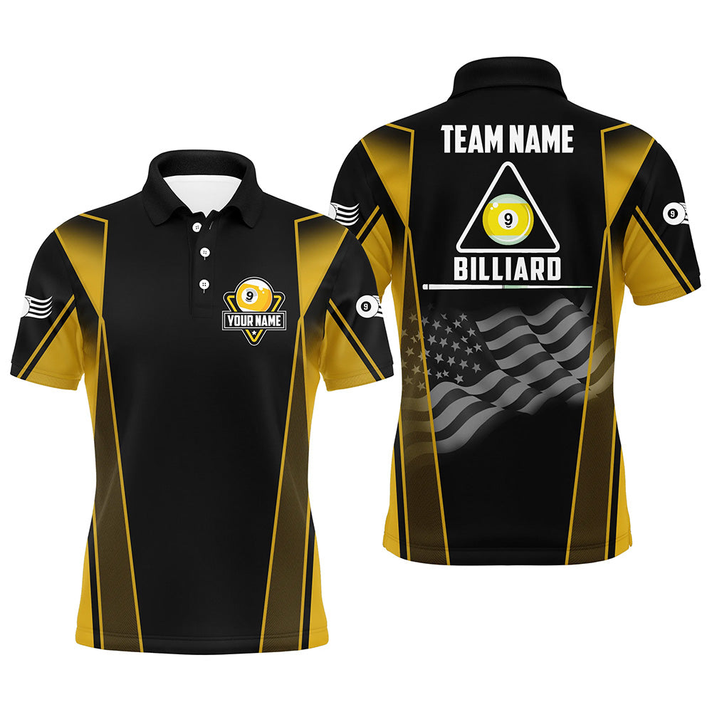Personalized US Flag 9 Ball Pool 3D Polo Shirts For Men, Style Black Yellow Billiard 9 Ball Jerseys VHM1052