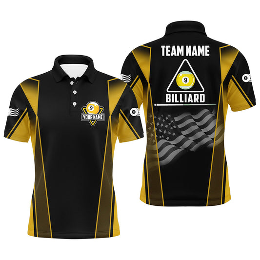 Personalized US Flag 9 Ball Pool 3D Polo Shirts For Men, Style Black Yellow Billiard 9 Ball Jerseys VHM1052