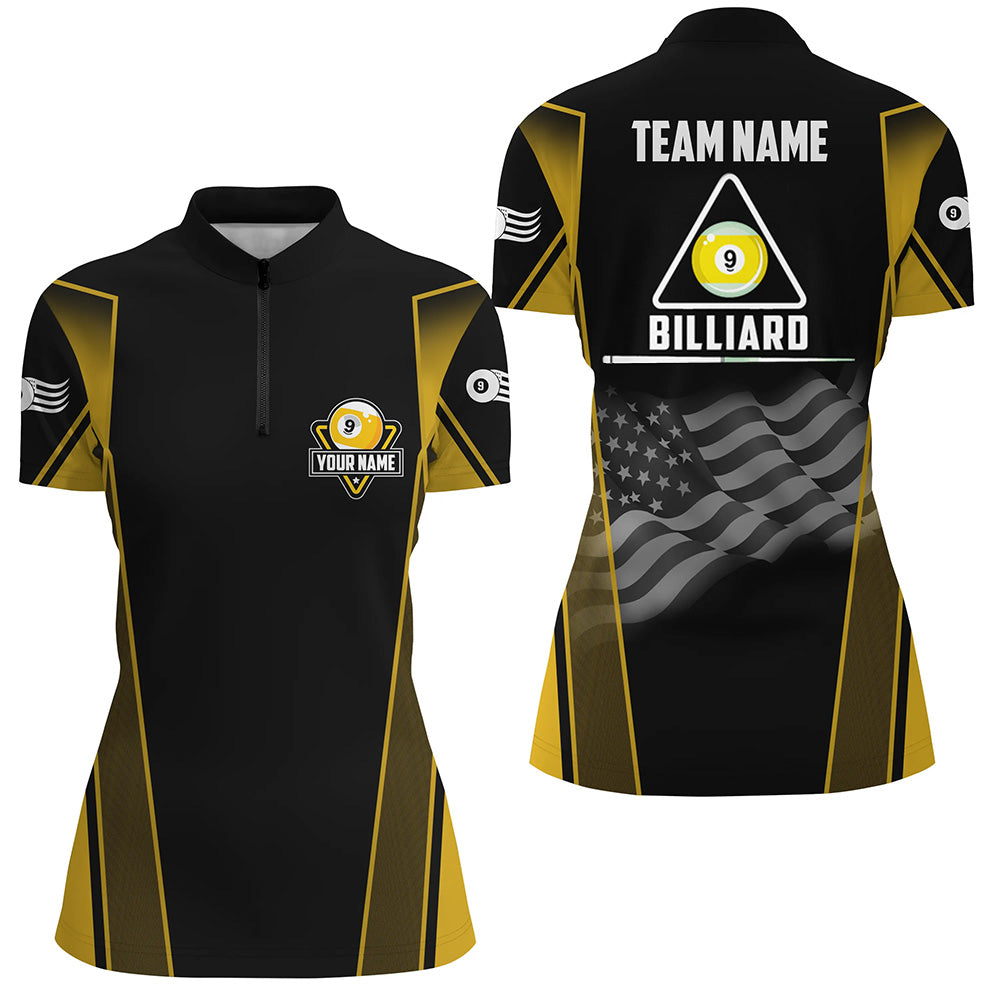 Personalized US Flag 9 Ball Pool 3D Quarter-Zip Shirts For Women, Black Yellow Billiard 9 Ball Shirts VHM1052