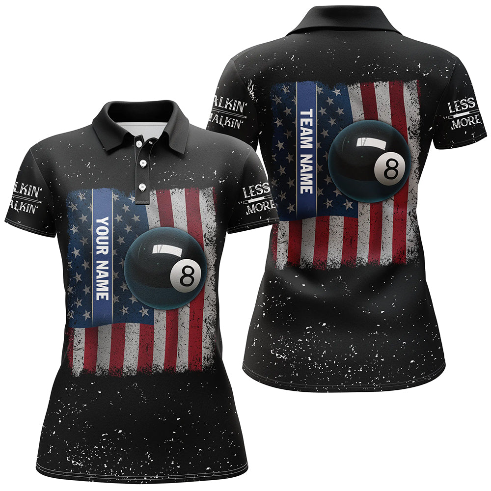 Personalized US Flag Patriotic 8 Ball Pool Billiards Polo Shirts For Women, Custom Billiards Jerseys VHM0336