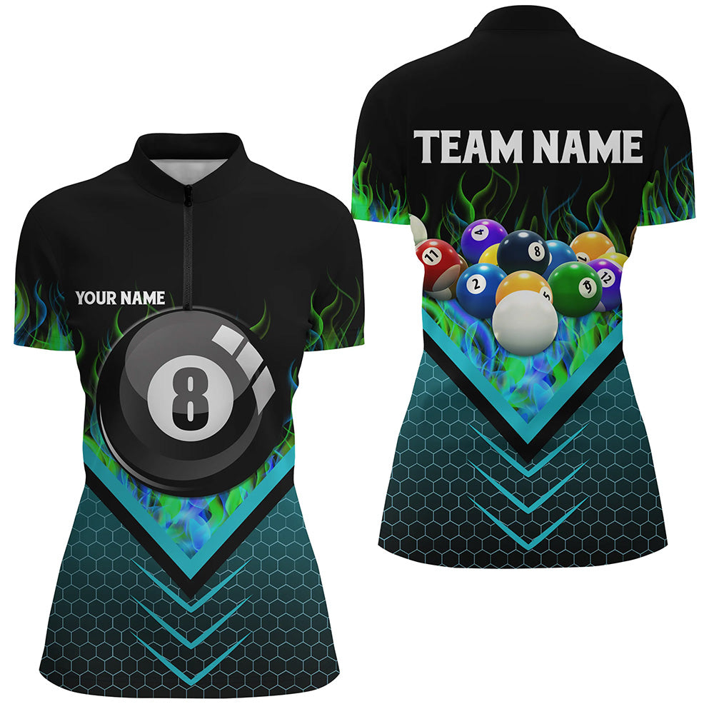 Personalized Fire Hive Blue 8 Ball Billiard 3D Quarter-Zip Shirts For Women, Pool Balls Team Jerseys VHM1061