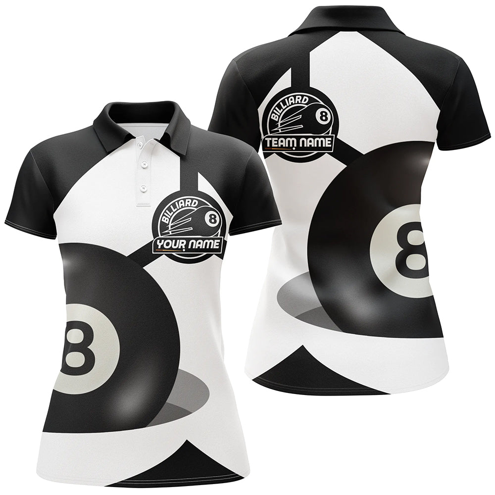 Personalized 8 Ball Pool Black White Billiard Polo Shirts For Women, Custom Pool Billiards Jerseys VHM0572