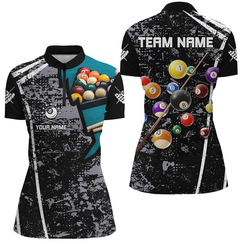 Personalized Grey Grunge Billiard Quarter-Zip Shirts For Women Custom 3D Pool Balls Billiard Jerseys VHM0739