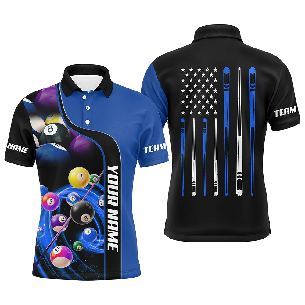 Personalized Blue Billiard Balls 3D Polo Shirts For Men, Custom US Flag Stick Billiard Team Shirts  VHM0750