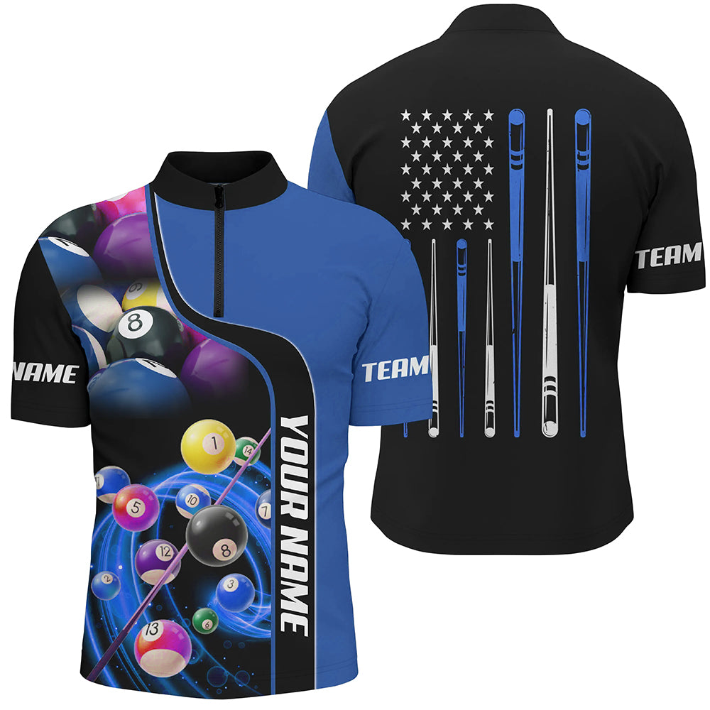 Personalized Blue Pool Balls 3D Quarter-Zip Shirts For Men, Custom US Flag Stick Billiard Jerseys VHM0750
