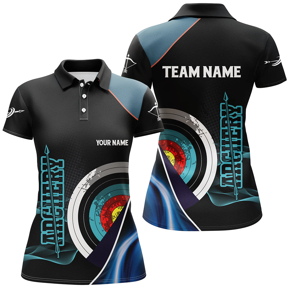 Personalized 3D Targets Archery Polo Shirts For Women, Custom Blue Black Arrow Archery Team Shirts VHM0600