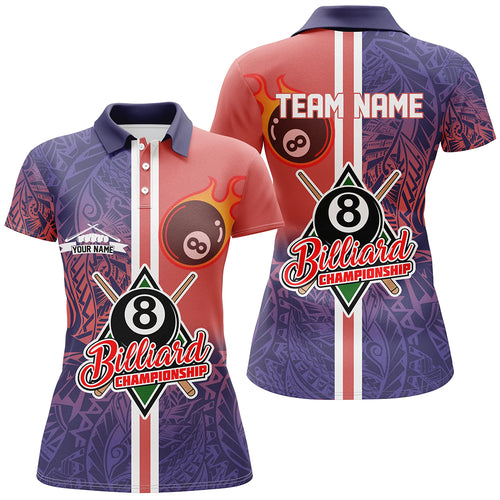 Personalized Red Blue Tribal 8 Ball Billiard 3D Polo Shirts For Women, Custom Pool Billiards Jerseys VHM0402