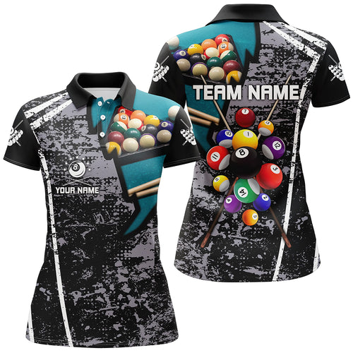 Personalized Grey Grunge Billiard Polo Shirts For Women, Custom 3D Pool Balls Billiard Jerseys  VHM0186
