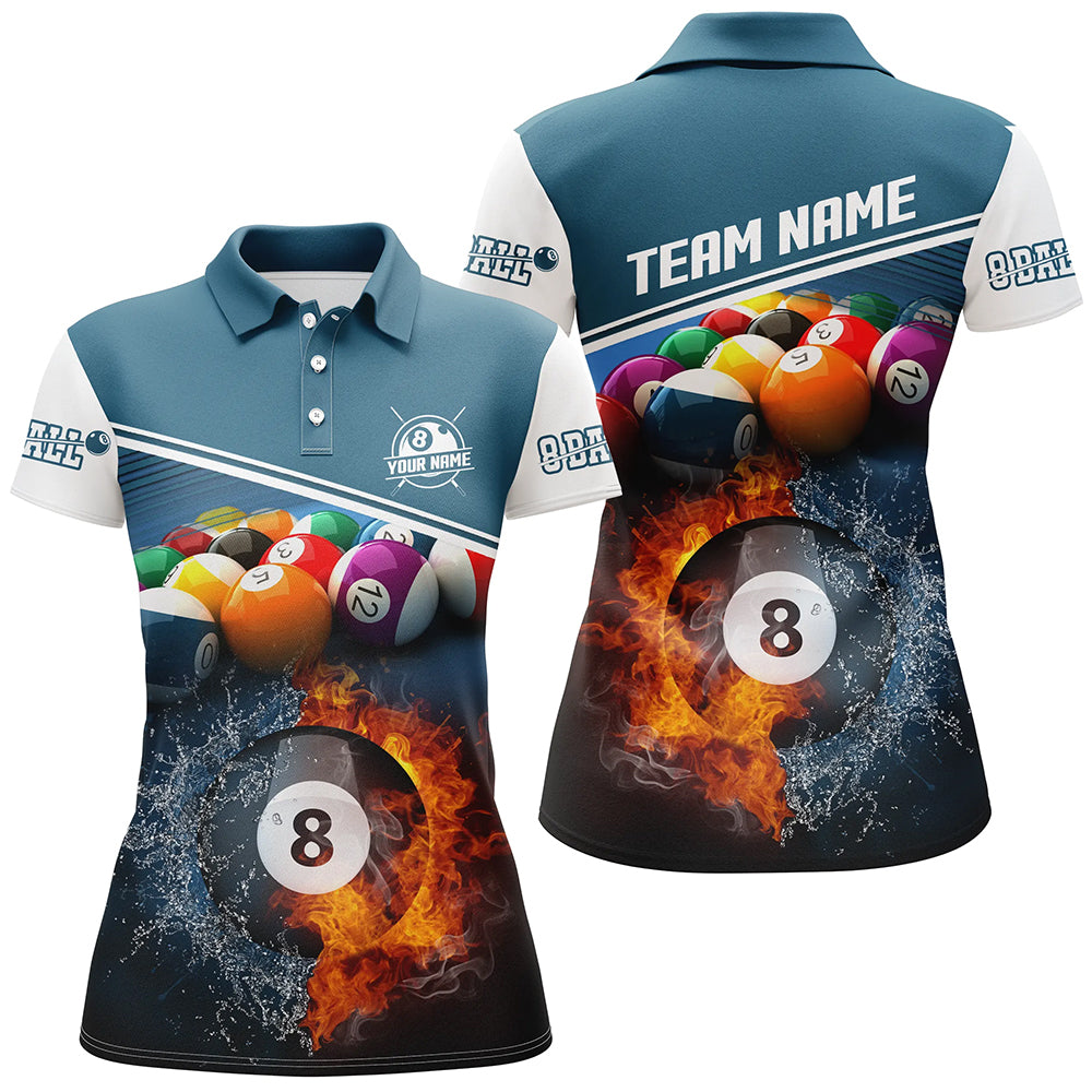 Personalized Fire And Water 8 Ball Billiards Blue 3D Polo Shirts For Women, Custom Billiards Jerseys VHM0421