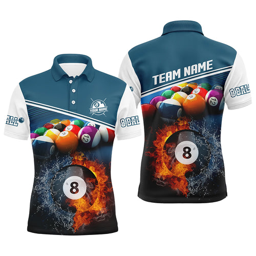 Personalized Fire And Water 8 Ball Billiards Blue 3D Polo Shirts For Men, Custom Billiards Jerseys VHM0421