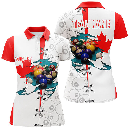 Personalized Canadian Flag Billiard Polo Shirts For Women, Custom 8 Ball Pattern Pool Balls Jerseys VHM0654
