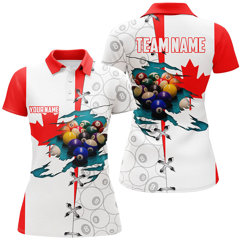 Personalized Canadian Flag Billiard Polo Shirts For Women, Custom 8 Ball Pattern Pool Balls Jerseys VHM0654