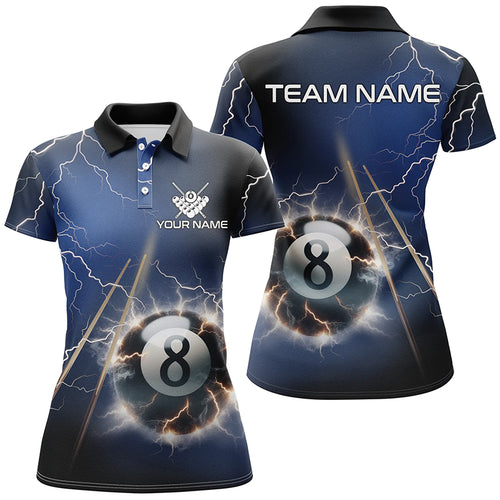 Personalized Thunder Lighting Blue 8 Ball Billiard 3D Polo Shirts For Women Custom Pool Balls Jerseys VHM1030