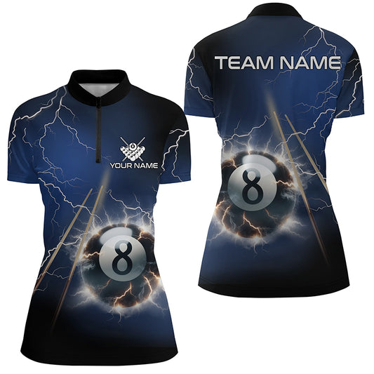 Personalized Thunder Lighting Blue 8 Ball Billiard 3D Quarter-Zip Shirts For Women, Pool Ball Jerseys VHM1030