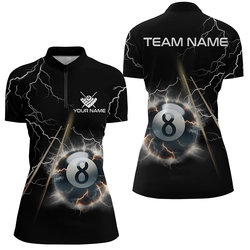 Personalized Thunder Lighting Black 8 Ball Billiard 3D Quarter-Zip Shirts For Women, 8 Ball Jerseys VHM1031