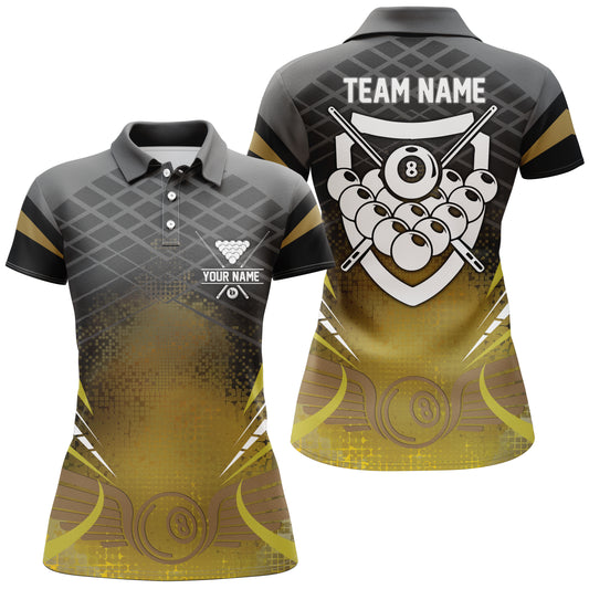 Personalized Billiards 8 Ball Pool Black Yellow 3D Polo Shirts For Women, Billiard Balls Jerseys VHM0459