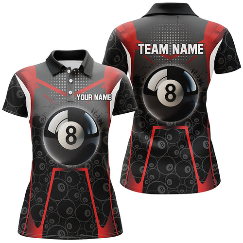 Personalized Red Black 8 Ball Billiard 3D Polo Shirts For Women, Custom 8 Ball Pool Pattern Jerseys VHM1033