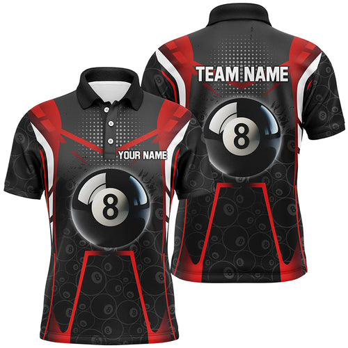 Personalized Red Black 8 Ball Billiard 3D Polo Shirts For Men, Custom 8 Ball Pool Pattern Jerseys VHM1033
