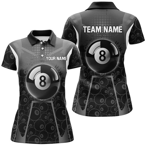 Personalized White Black 8 Ball Billiard 3D Polo Shirts For Women, Custom 8 Ball Pool Pattern Jerseys VHM1034